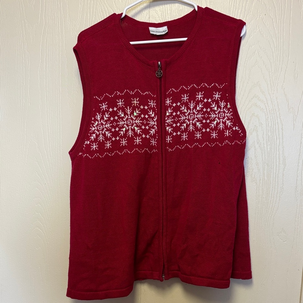 Breckenridge Red Snowflake Knit Zip Vest, XL. Christmas Holiday